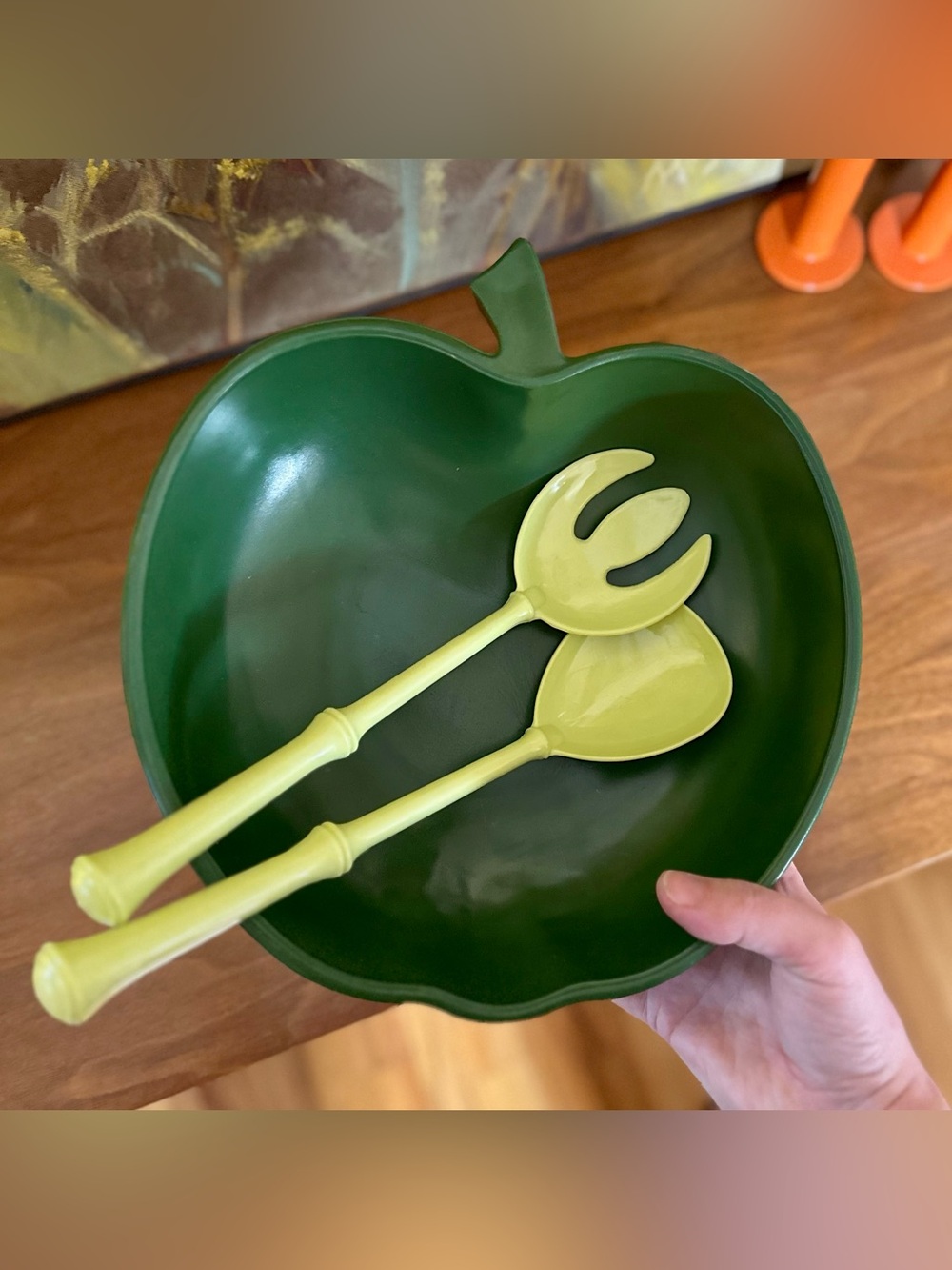 Vintage 1950s Hazel Atlas Green Apple Salad Bowl w/ Original Servers - MCM